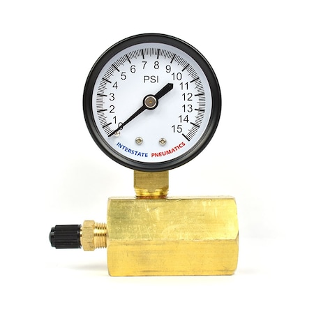 Interstate Pneumatics Pressure Gauge 2 Inch 15 PSI - 1/4 Inch NPT Bottom Mount 3/4 Inch FNPT Test with Tire Valve Fitting G2012-015GT